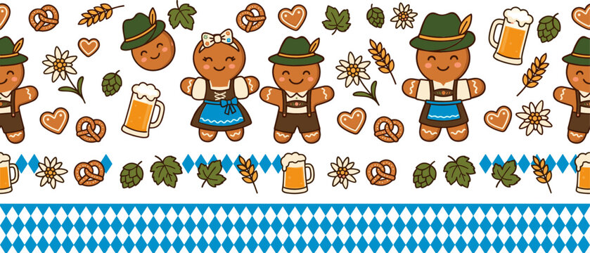 Oktoberfest Seamless Border Pattern with Cute Gingerbread Characters in Lederhosen and Dirndl, Beer Mugs, Pretzels, Edelweiss Flowers, and Bavarian Blue Check Ribbon