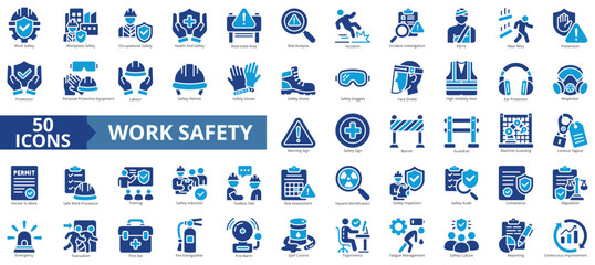 Fototapeta premium work safety icon set contains fatigue management, hazard identification, warning sign, incident investigation, risk assessment, toolbox talk, emergency, audit, compliance, regulation, first aid
