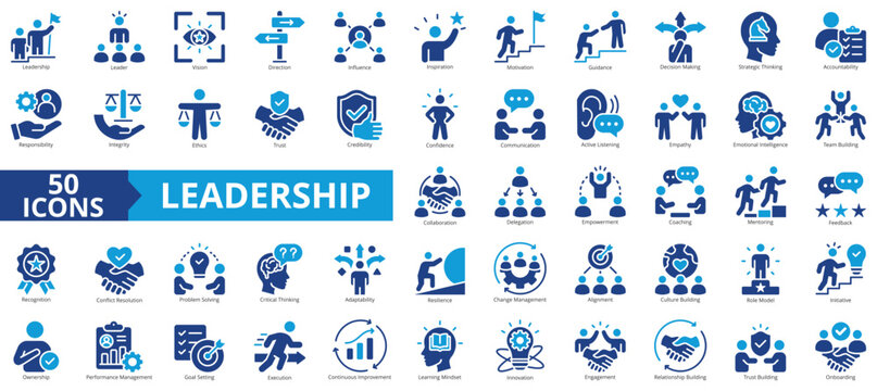 leadership icon set contains execution, continuous improvement, learning, mindset, innovation, engagement, relationship, onboarding, goal setting, culture building, vision, trust building