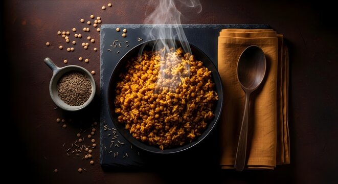 Top view of hot steaming cooked lentils or grains in a black bowl served with a wooden spoon and spices on a dark rustic surface
