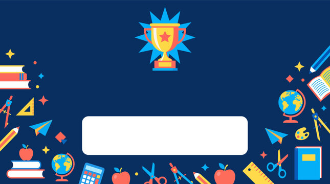 Back to school banner background with a winner trophy cup, frame of school supplies and blank label copy space, flat vector illustration