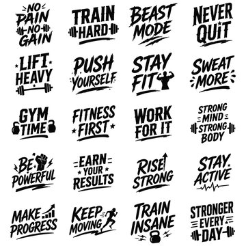 Set of motivational fitness quotes for gym and workout, strong typography phrases