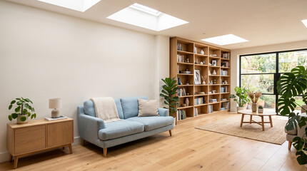 Fototapeta premium Spacious modern living room interior featuring a pale blue sofa, large wooden bookshelf, skylights, and black metal framed glass doors opening to a lush green backyard garden.