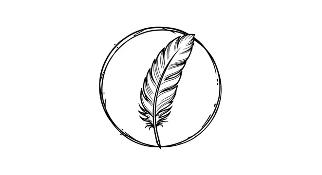 Hand-drawn sketch of a detailed feather with intricate barbs and quill, enclosed within a simple circular frame, presented in black and white.