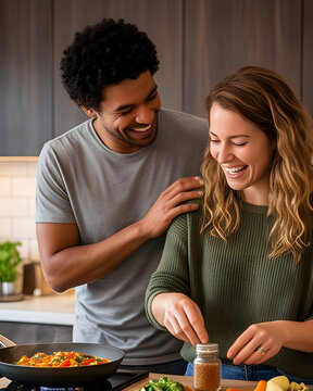 Happy diverse couple laughing and cooking together in a modern kitchen adding spices to a meal.