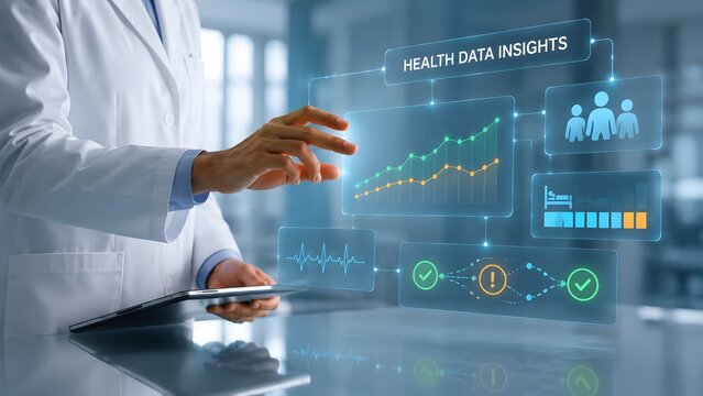 Doctor analyzing health data on a tablet with futuristic interface