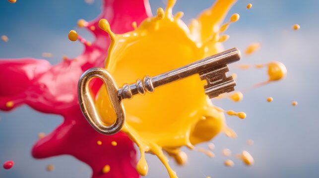 Vintage metal key flying through dynamic colorful paint splash background
