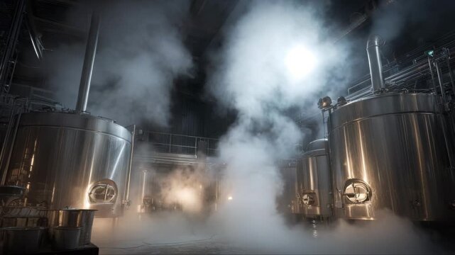 Industrial brewing facility with large stainless steel tanks surrounded by steam and fog, illuminated by overhead lights creating a dramatic atmosphere