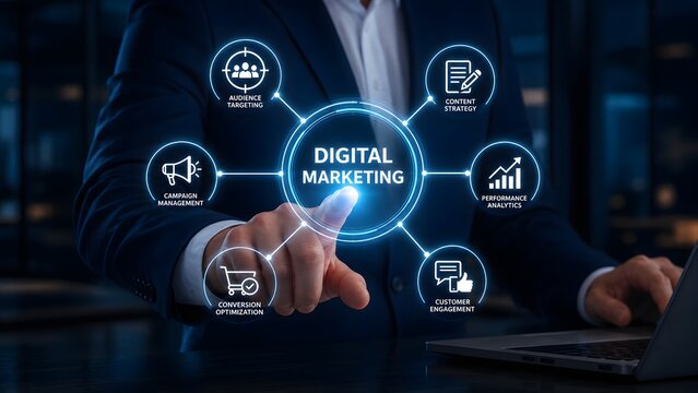 Digital marketing strategy concept with interconnected icons and a business professional