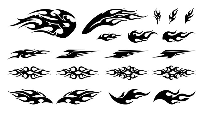 Flame decal silhouettes with black tribal fire shapes, sharp racing blaze graphics and curved burning icons for motorcycle stickers, automotive tuning, tattoo and logo design