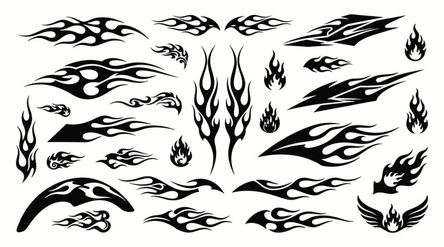 Flame decal silhouettes with black tribal fire shapes, sharp racing blaze graphics and curved burning icons for motorcycle stickers, automotive tuning, tattoo and logo design