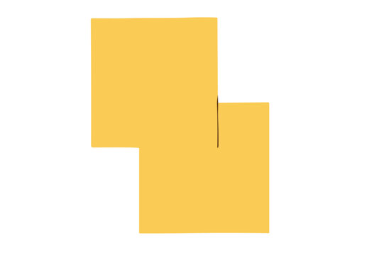 Two overlapping yellow squares on a white background, forming a geometric composition with a single vertical dark brown line segment at the intersection point