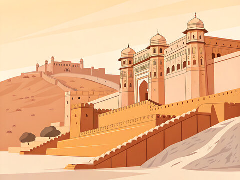 Amber Fort, Jaipur, modern minimal vector illustration, sandstone fortress architecture, clean geometric composition