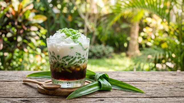 Traditional Indonesian cendol dessert served in a clear glass with softly blurred tropical outdoor background, bright natural daylight, professional beverage photography