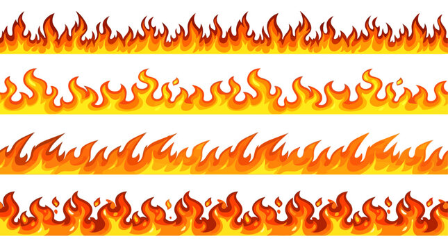 Seamless cartoon fire flame vector border with blazing red orange and yellow flames for hot warning, gaming, and decorative background design