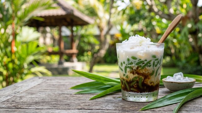 Traditional Indonesian cendol dessert served in a clear glass with softly blurred tropical outdoor background, bright natural daylight, professional beverage photography