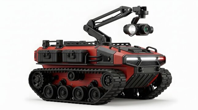Red tracked robot surveillance camera inspection drone.