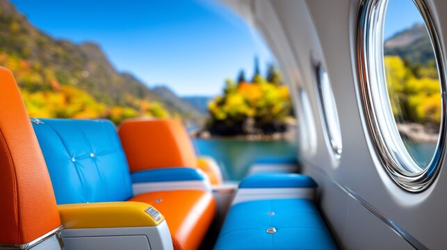 Vibrant Interior of 1960s DC3 Aircraft with Scenic View Outside