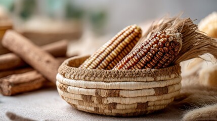 Obraz premium Decorative dried corn ears in round woven basket on rustic surface