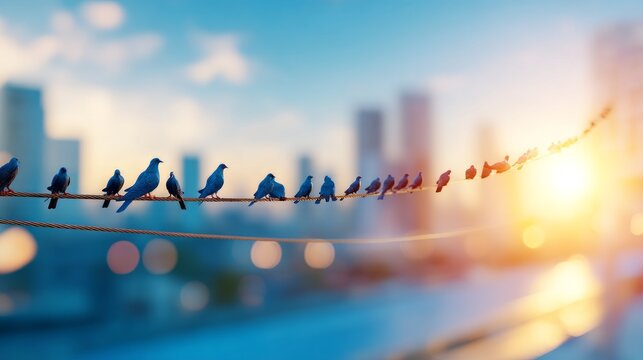 Blue bird perched in a row on wire during golden hour urban sunset scene