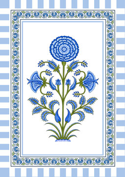 Blue Floral Folk Art Botanical Illustration with Vintage Ornamental Border | Hand Drawn Traditional Decorative Flower Design