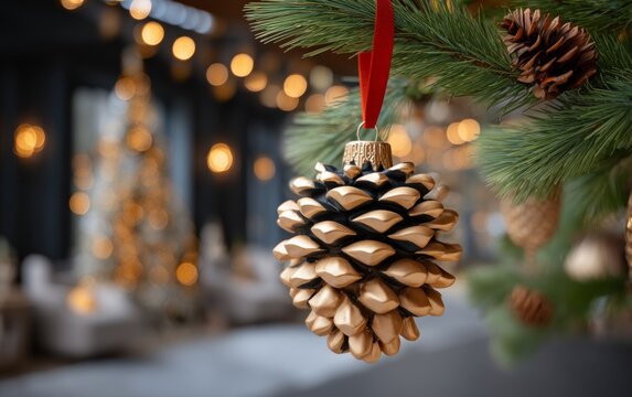 Close up of metallic pine cone ornament hanging on Christmas tree branch red ribbon