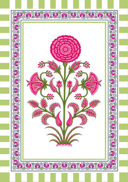 Pink Floral Folk Art Botanical Illustration with Vintage Ornamental Border | Hand Drawn Traditional Decorative Flower Design