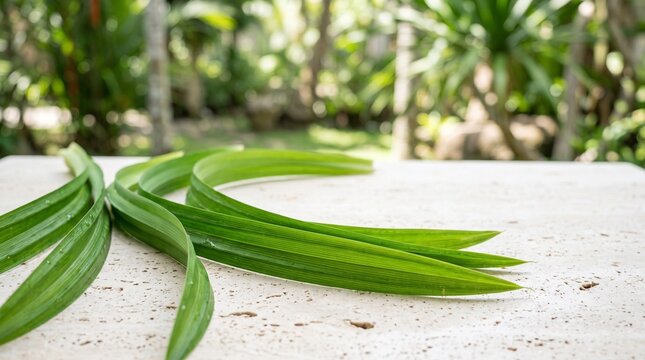 Fresh pandan leaves artistically arranged with premium botanical photography