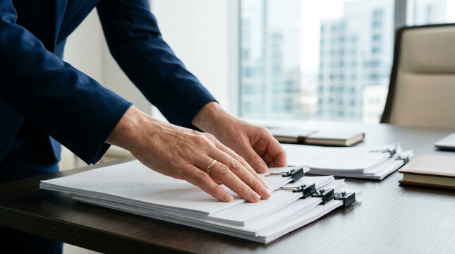 Businessperson hands organizing documents on desk in office
