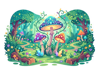 Naklejka premium Enchanted woodland scene with glowing magical mushrooms, winding path, and sparkling crystals, ideal fantasy game background artwork.