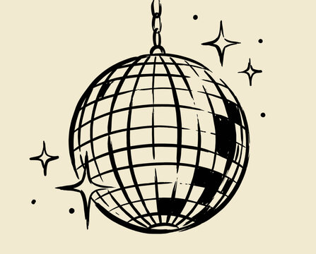 Disco ball sketch, mirror ball, party illustration, hand drawn disco, retro 70s dance, sparkle stars, hanging chain, ink drawing art