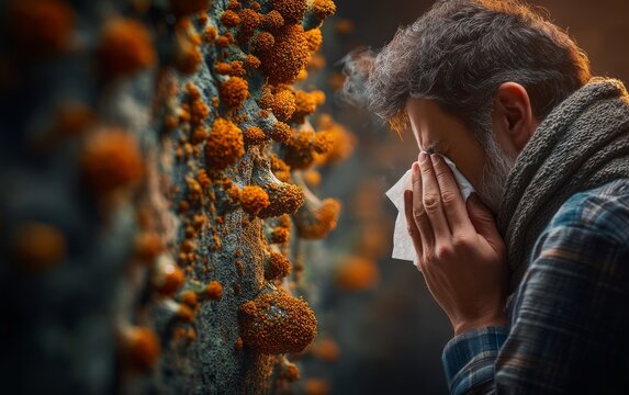 Man with Cold or Allergy Holding Tissue Near Orange Fungi on Wall