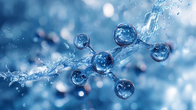 Abstract close-up of water droplets forming a molecular structure, representing purity, science, and the essence of hydration