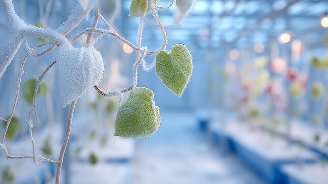 Frost-covered green leaves on delicate branches in cold winter setting