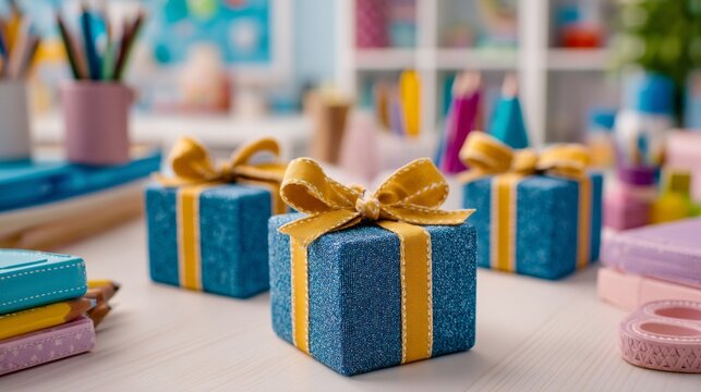 Sparkling blue gift box with gold ribbon bow on wooden table close-up