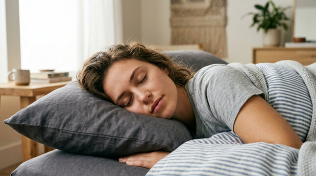 Young woman sleeping peacefully on pillow in cozy bedroom.