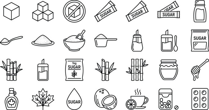 Sugar and Sweetener Line Icons Set with Sugar Cubes, Cane, Syrup, and Sweet Food Symbols