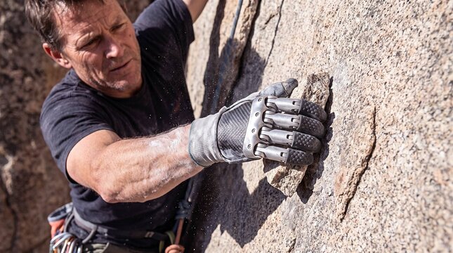 Climber with advanced robotic prosthetic hand gripping rock face during outdoor climb
