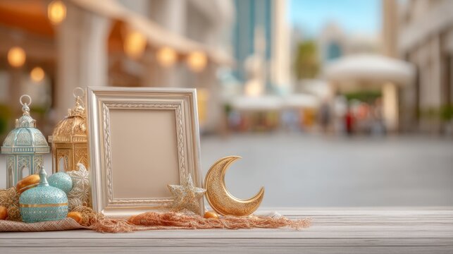 Elegant Gold Crescent Mockup with Blank Frame and Decorative Elements