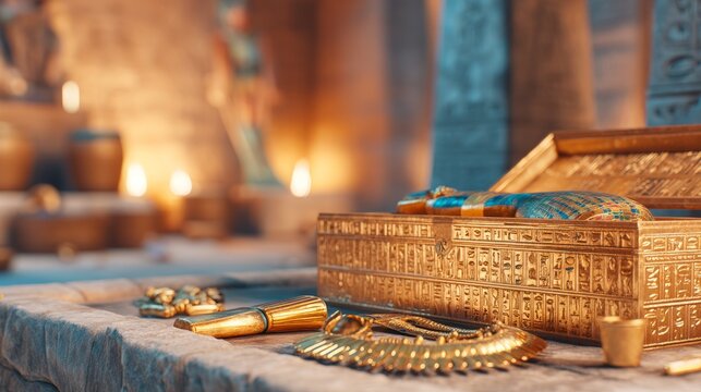 Ancient Egyptian golden relic and valuable artifact in historic temple setting