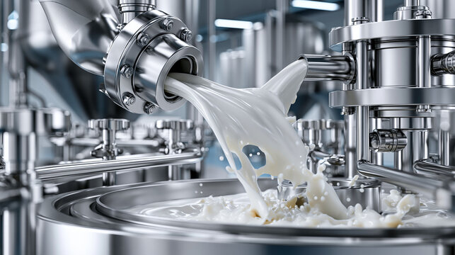 AI generator images of industrial production process for coconut milk involves conveying the thick, white liquid through stainless steel piping into packaging, ensuring cleanliness and safety 