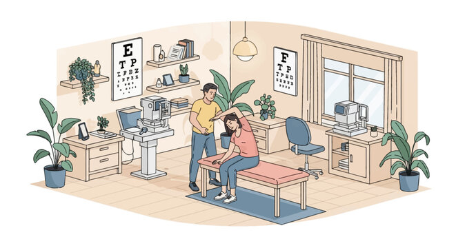 Optometrist examining patients eyes in clinic examination room.