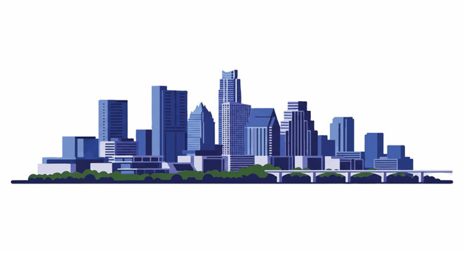 Modern blue city skyline with skyscrapers and waterfront bridge