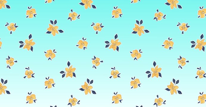 Cute small yellow floral pattern with dark leaves on light blue background
