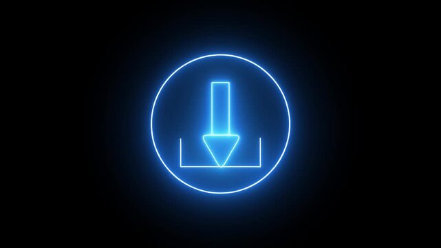 Neon download icon animation. Purple pink blue glowing circle with digital interface design. Futuristic sci-fi UI element. Glowing neon download icon for digital and interface visuals.