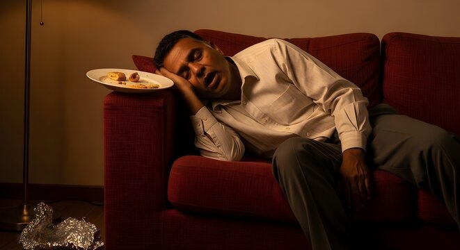 Exhausted man sleeping sitting up on red couch at night with plate of unfinished food under warm lamp light