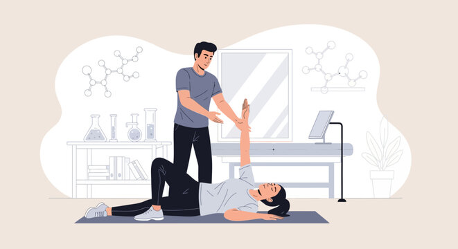 Physical therapist assisting patient with arm exercise on mat.