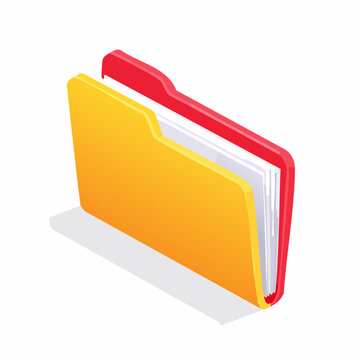 Yellow and red file folder with white paper pages isometric illustration