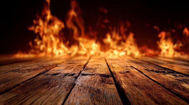 Dramatic fiery flames dance above a rustic wooden surface, creating a warm, intense, and captivating abstract background for design