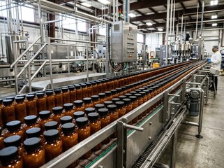 Fototapeta premium Bottles of beverage moving on a conveyor belt in a modern production facility